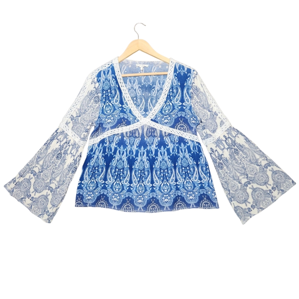 Soieblu Top Blue Boho Babydoll Bell Sleeve Flowy Indie Hippie Lace Crinkle M